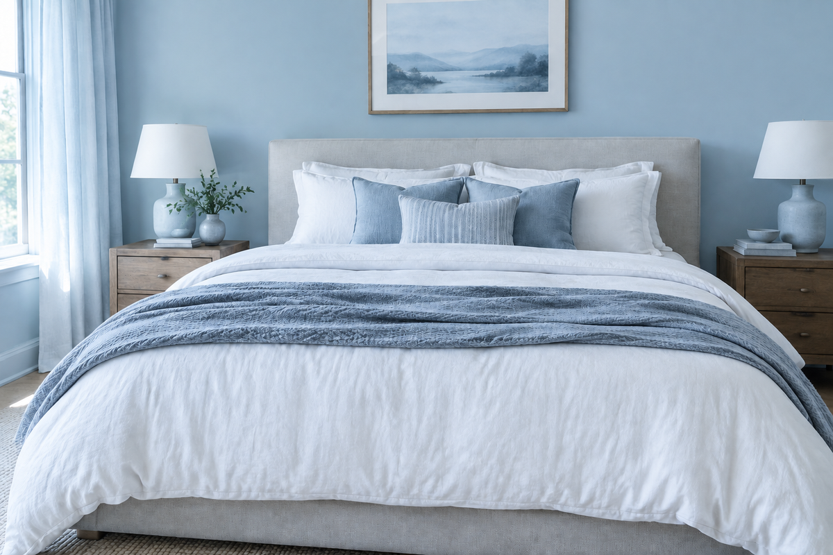 Dormitorio en tonos azules con la cama como protagonista