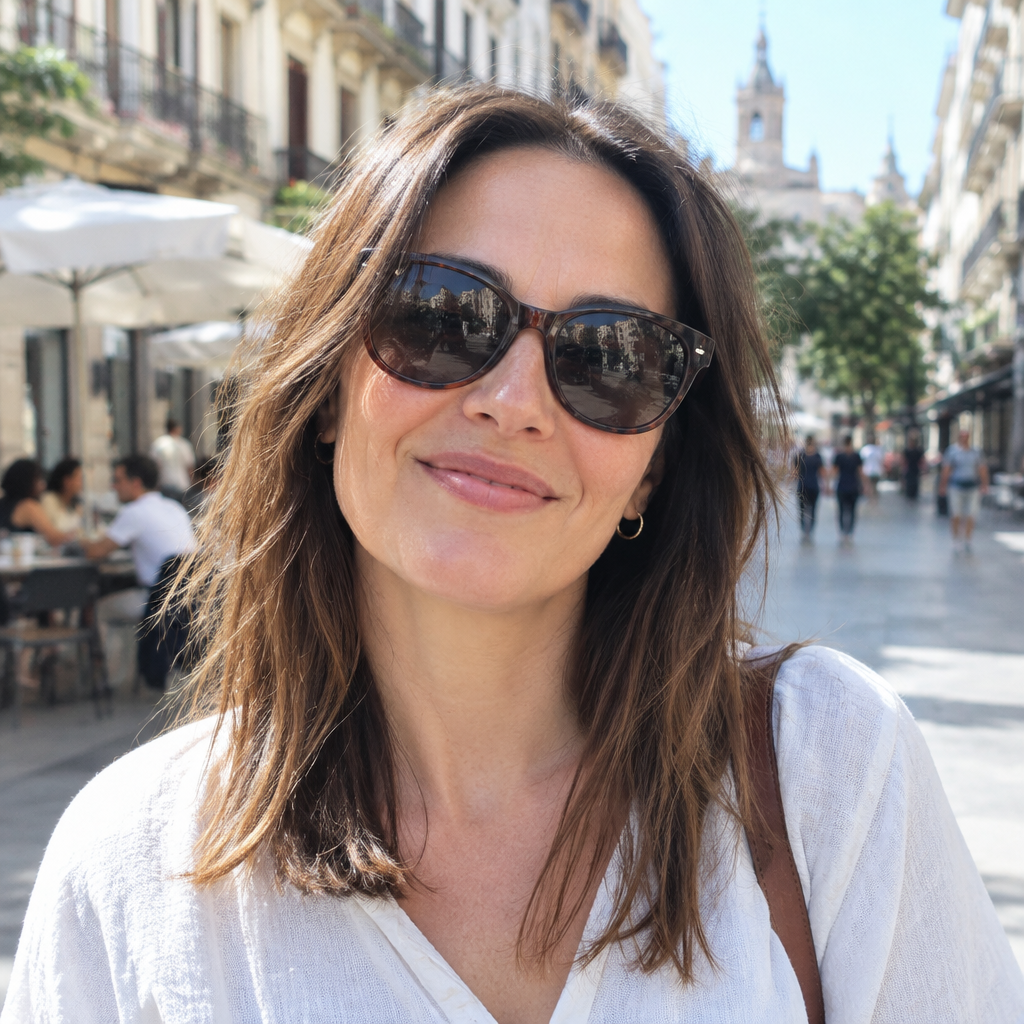 Mujer con gafas de sol en una calle, con estilo de foto espontánea